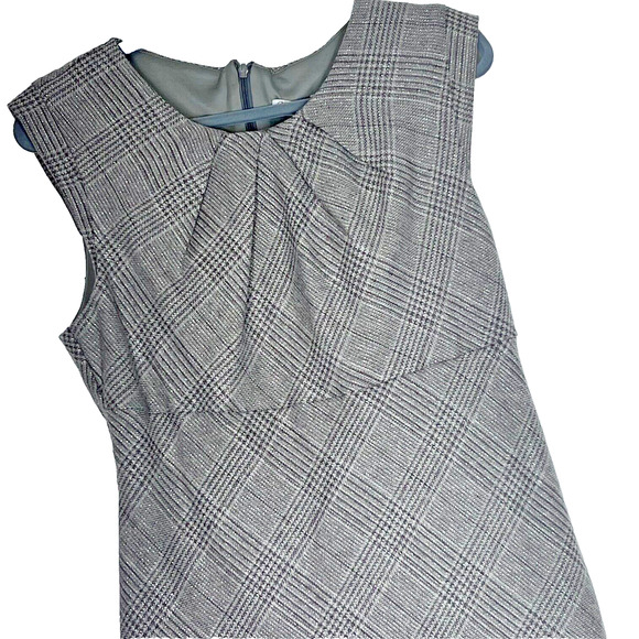 Classic Pencil Dress Sz 12 Gray Plaid Pleated Transitional Business Casual Work - Picture 2 of 12